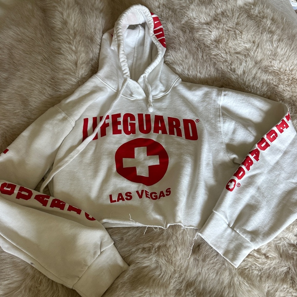 White and Red Lifeguard Cropped Hoodie
